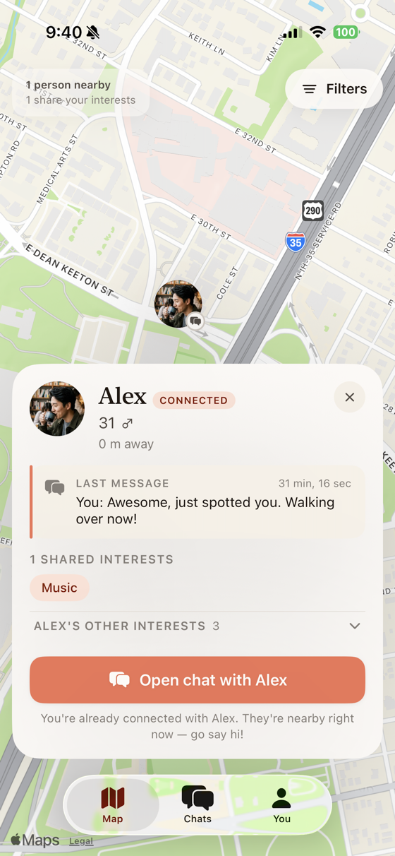 Socialize app showing a live discovery map with a nearby connected user